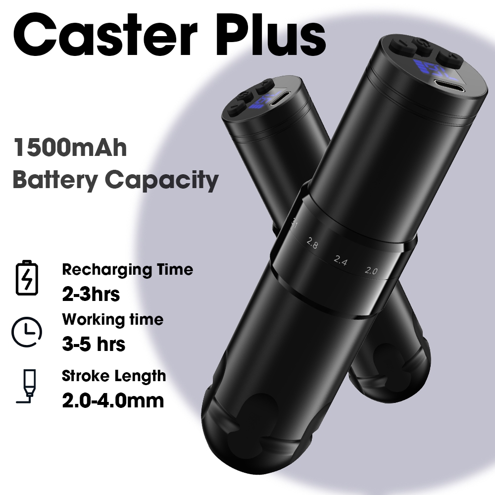 Caster PLUS Máy xăm không dây Bút và bút máy xăm Bộ nguồn di động, đột quỵ có thể điều chỉnh, Màn hình Led pin không dây 1500mAh cho kim xăm hình hộp mực