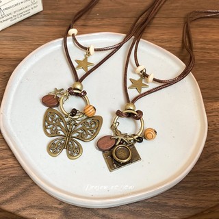 DREJEW Dây sáp, hạt gỗ, vòng cổ mặt dây chuyền bướm, khí chất cổ điển Trung Quốc mới, dây chuyền xương đòn, trang trí vòng cổ cao cấp nhẹ nhàng sang trọng