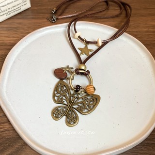DREJEW Dây sáp, hạt gỗ, vòng cổ mặt dây chuyền bướm, khí chất cổ điển Trung Quốc mới, dây chuyền xương đòn, trang trí vòng cổ cao cấp nhẹ nhàng sang trọng