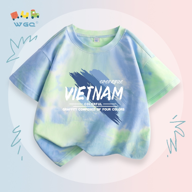 W.G.Q Tie-Dye Áo thun Bé Trai  , Vải Cotton Nguyên Chất, Đai Thấm Mồ Hôi Thoáng Khí In Chữ Việt Nam