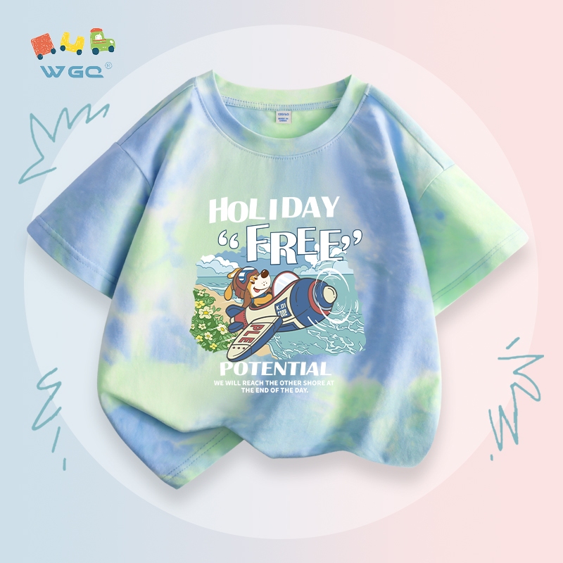 W.G.Q Tie-Dye Áo thun Bé Trai, Vải Cotton Nguyên Chất Mềm Mại Thoải Mái, Thoáng Khí Hút Mồ Hôi Có In