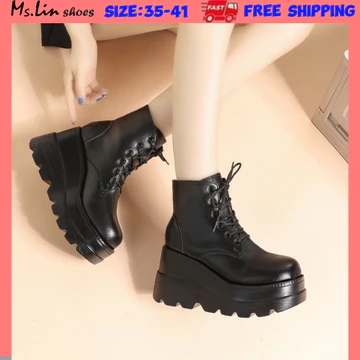 [Ms.LIN] Tăng chiều cao 9CM, Giày bốt nữ, Giày bốt Martens chống trượt, Giày đế dày đến mắt cá chân phong cách Anh Quốc Nữ, bốt nữ, Kasut Perempuan
