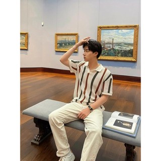 Xiaoxiang Phong Cách Rỗng Dệt Kim Áo Sơ Mi Nam Màu Sắc Tương Phản Sọc Slim-fit Áo Ngắn Tay Seagull Cổ Lưới