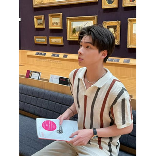 Xiaoxiang Phong Cách Rỗng Dệt Kim Áo Sơ Mi Nam Màu Sắc Tương Phản Sọc Slim-fit Áo Ngắn Tay Seagull Cổ Lưới
