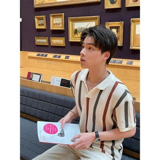 Xiaoxiang Phong Cách Rỗng Dệt Kim Áo Sơ Mi Nam Màu Sắc Tương Phản Sọc Slim-fit Áo Ngắn Tay Seagull Cổ Lưới