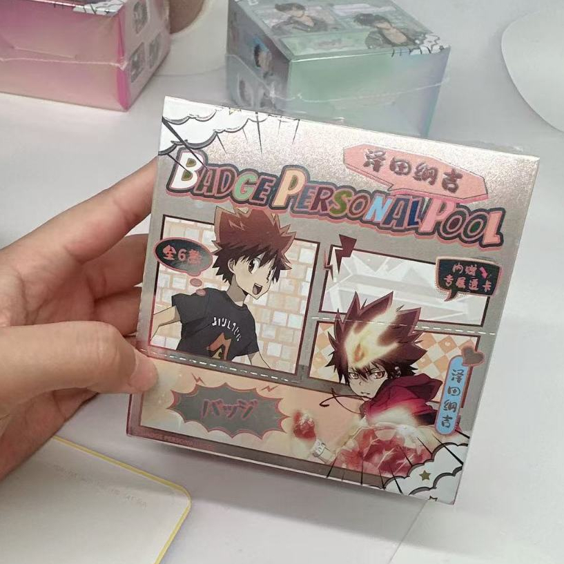 Katekyo Hitman tái sinh! Bộ 6 hộp mù huy hiệu hình bầu dục Tsunayoshi Sawada | Nút ghim Anime + Thẻ PVC Merch