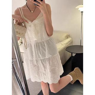 Phong Cách Hàn Quốc Nữ Mùa Hè Không Tay Ren Thêu Off-shouder Mini Dress Hàng Có Sẵn Mới