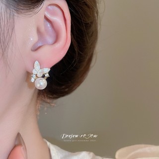 DREJEW 925Silver kim dát kim cương nhỏ giọt bông tai ngọc trai bướm thời trang đa năng bông tai nhẹ sang trọng cao cấp