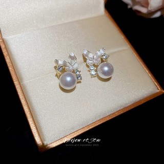 DREJEW 925Silver kim dát kim cương nhỏ giọt bông tai ngọc trai bướm thời trang đa năng bông tai nhẹ sang trọng cao cấp