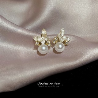 DREJEW 925Silver kim dát kim cương nhỏ giọt bông tai ngọc trai bướm thời trang đa năng bông tai nhẹ sang trọng cao cấp