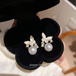 DREJEW 925Silver kim dát kim cương nhỏ giọt bông tai ngọc trai bướm thời trang đa năng bông tai nhẹ sang trọng cao cấp