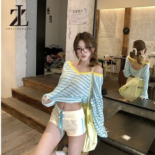 ZHELIHANGFEI T dài tay sọc cổ chữ V