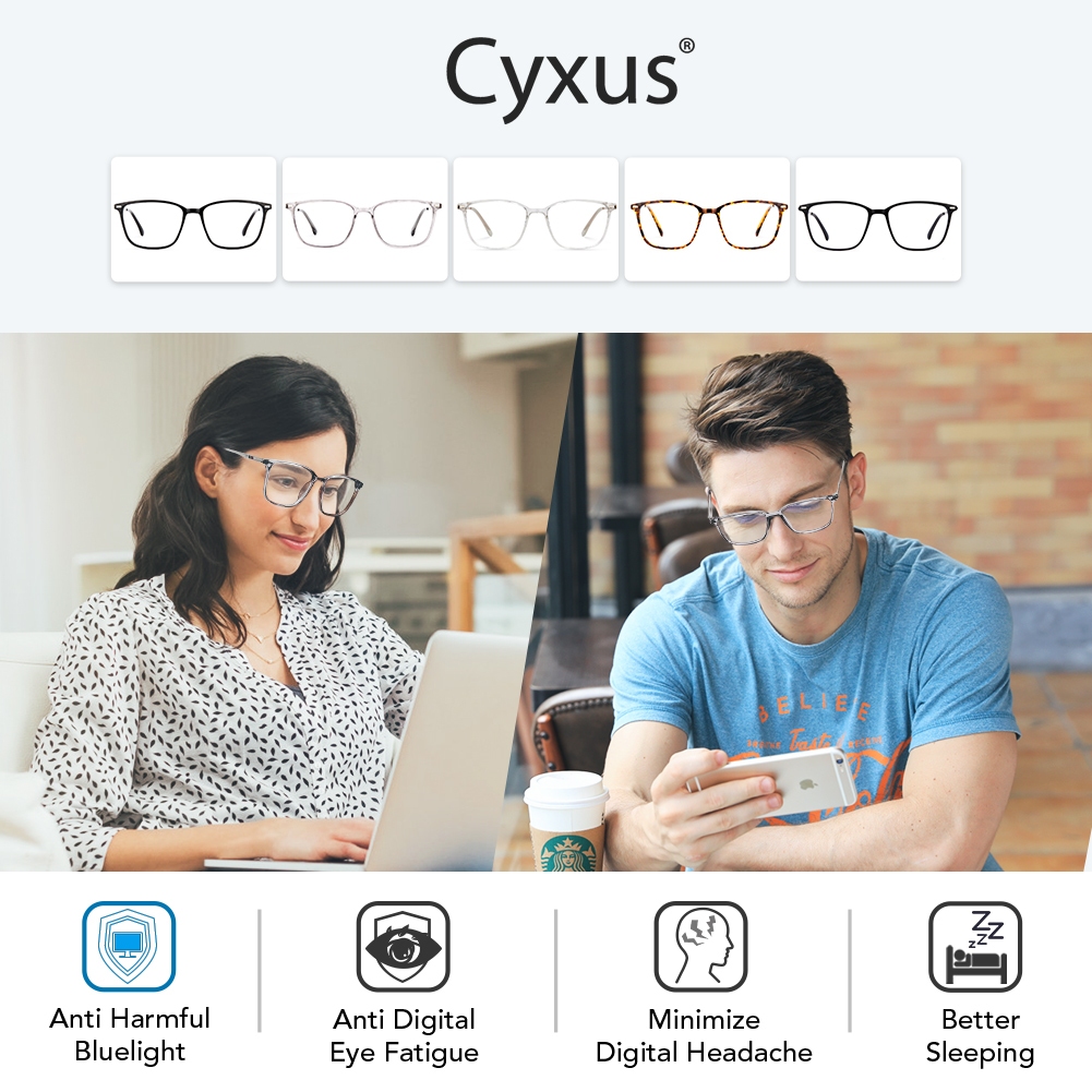 Cyxus Kính Chống Ánh Sáng Xanh TR90 Khung Vuông Dành Cho Nam Bảo Vệ Mắt Văn Phòng Game Máy Tính 8208T