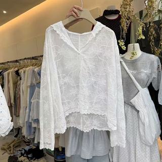 Phong Cách Hàn Quốc Nữ Nữ Rời Vintage Ren Thêu Hoa Có Mũ Trùm Đầu Áo Sơ Mi Tay Dài Áo