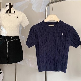 ZHELIHANGFEI Áo len ngắn tay thêu Pony Twist Áo thun nữ cổ tròn Preppy