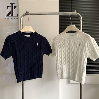 ZHELIHANGFEI Áo len ngắn tay thêu Pony Twist Áo thun nữ cổ tròn Preppy