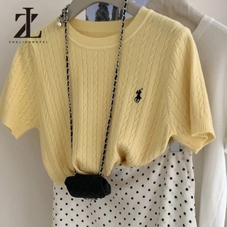 ZHELIHANGFEI Áo len ngắn tay thêu Pony Twist Áo thun nữ cổ tròn Preppy
