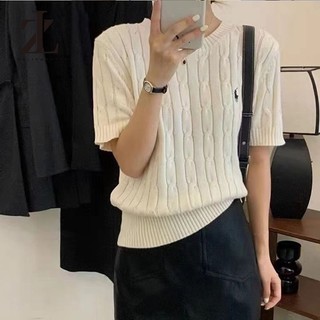 ZHELIHANGFEI Áo len ngắn tay thêu Pony Twist Áo thun nữ cổ tròn Preppy