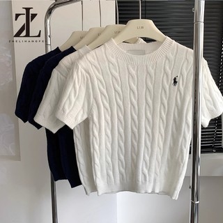 ZHELIHANGFEI Áo len ngắn tay thêu Pony Twist Áo thun nữ cổ tròn Preppy