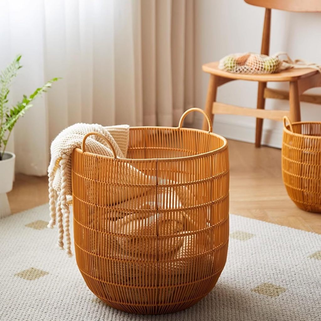 Giỏ Giặt Mây Giả Retro Có Tay Cầm, Phòng Tắm Phòng Ngủ Giỏ Quần Áo Bẩn Rỗng, Đồ Chơi Trẻ Em, Thảm Tập Yoga, Xô Đựng Ô