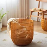 Giỏ đựng quần áo bẩn tròn rỗng, Giỏ đựng đồ giặt mây giả cổ điển, Giỏ đựng khăn tắm khách sạn phòng ngủ, Đồ chơi và đồ lặt vặt Xô đựng đồ — ảnh 4