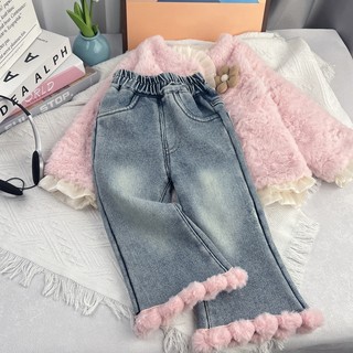 MuyoNowo Girls Pink Pom Pom Flare Denim Quần Co Giãn Eo Trẻ Em Quần Jean Mềm Mại