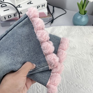 MuyoNowo Girls Pink Pom Pom Flare Denim Quần Co Giãn Eo Trẻ Em Quần Jean Mềm Mại
