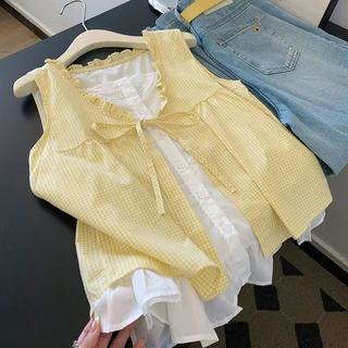 Phong Cách Hàn Quốc Nữ Nữ Rời Ruffle Baggy Áo Sơ Mi Không Tay Ren Giả-hai Mảnh