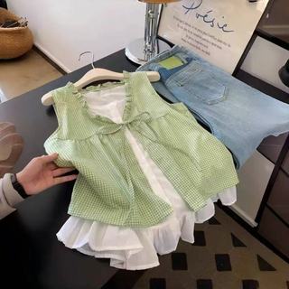 Phong Cách Hàn Quốc Nữ Nữ Rời Ruffle Baggy Áo Sơ Mi Không Tay Ren Giả-hai Mảnh