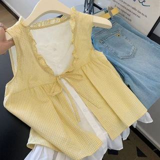 Phong Cách Hàn Quốc Nữ Nữ Rời Ruffle Baggy Áo Sơ Mi Không Tay Ren Giả-hai Mảnh