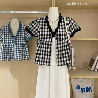 Phong Cách Hàn Quốc Nữ Nữ Rời Ruffle Baggy Áo Sơ Mi Tay Ngắn Áo Giả-hai Mảnh