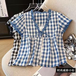 Phong Cách Hàn Quốc Nữ Nữ Rời Vintage Kẻ Sọc Ren Áo Sơ Mi Tay Ngắn