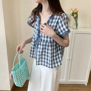 Phong Cách Hàn Quốc Nữ Nữ Rời Vintage Kẻ Sọc Ren Áo Sơ Mi Tay Ngắn