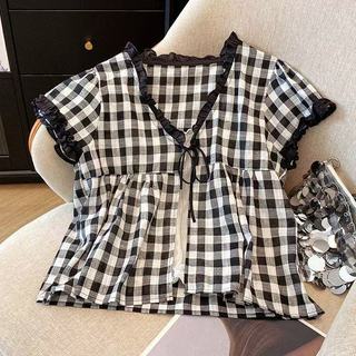 Phong Cách Hàn Quốc Nữ Nữ Rời Vintage Kẻ Sọc Ren Áo Sơ Mi Tay Ngắn