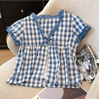Phong Cách Hàn Quốc Nữ Nữ Rời Vintage Kẻ Sọc Ren Áo Sơ Mi Tay Ngắn