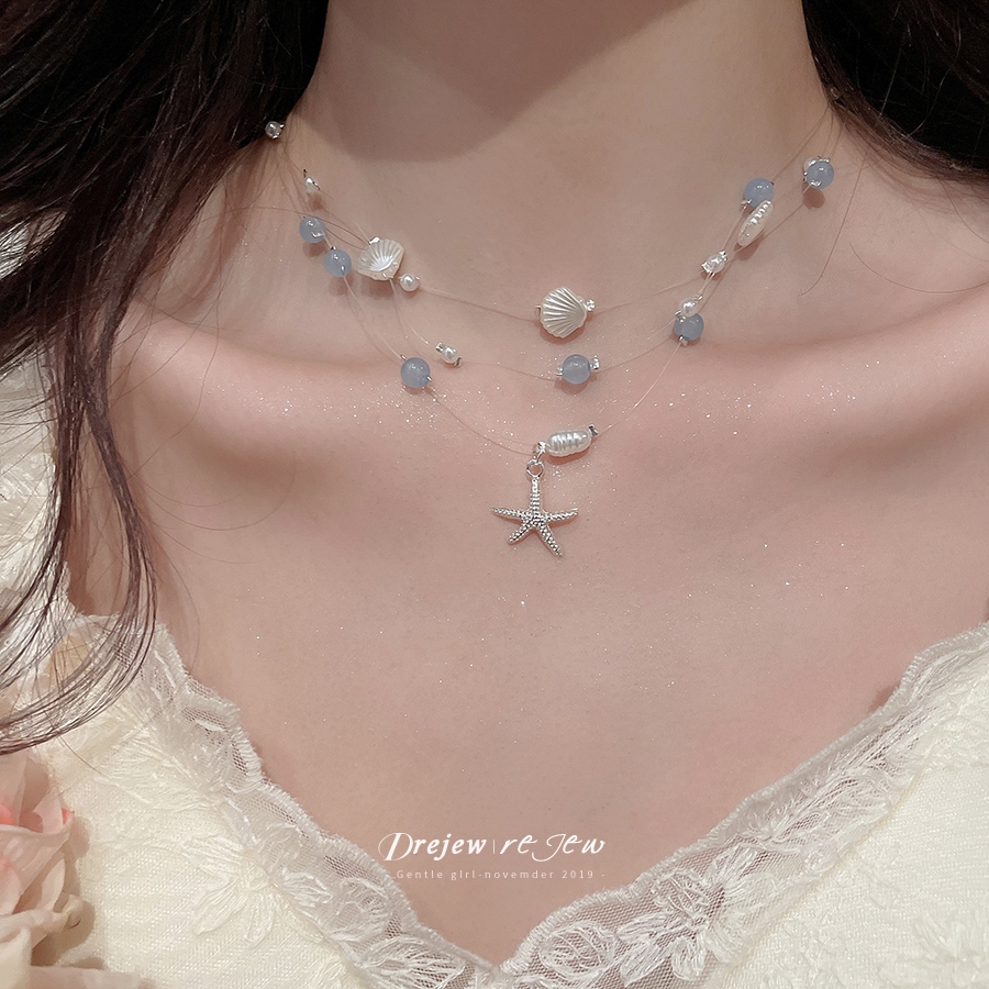 DREJEW Vỏ Sao Biển Ngọc Trai Vòng Cổ Trên Bãi Biển Phong Cách Kỳ Nghỉ Xếp Chồng Dây Xích Xương Đòn Thời Trang Cao Cấp Tính Khí Vòng Cổ Trang Trí