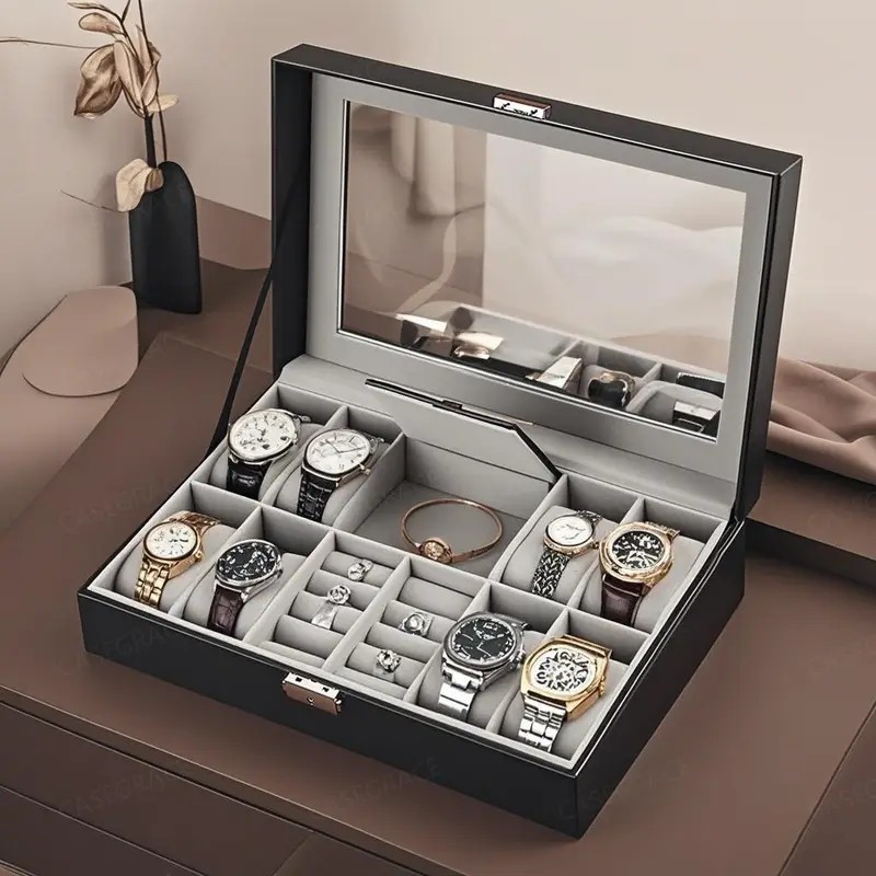 8 Khe Lưới Đồng Hồ Lưu Trữ Hộp Sắp Xếp Da PU Hộp Trang Sức Hiển Thị Hộp Bảo Quản