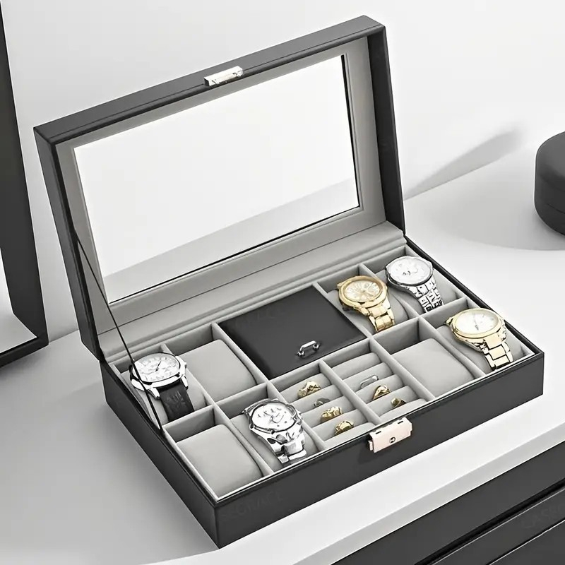 8 Khe Lưới Đồng Hồ Lưu Trữ Hộp Sắp Xếp Da PU Hộp Trang Sức Hiển Thị Hộp Bảo Quản