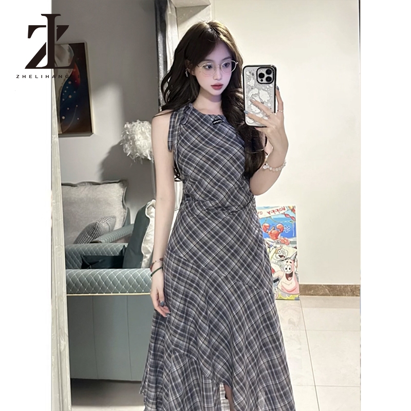 ZHELIHANGFEI Hot Girl Retro Xanh Kẻ Sọc Không Tay Mùa Hè Tính Khí Không Đều Váy Dài Chữ A