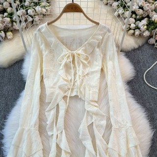 Phong Cách Hàn Quốc Nữ Voan Retro Ruffle Áo Cardigan Mùa Hè Không Đều Kimono Hàng Mới Plus Kích Thước