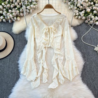 Phong Cách Hàn Quốc Nữ Voan Retro Ruffle Áo Cardigan Mùa Hè Không Đều Kimono Hàng Mới Plus Kích Thước