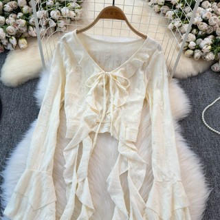 Phong Cách Hàn Quốc Nữ Voan Retro Ruffle Áo Cardigan Mùa Hè Không Đều Kimono Hàng Mới Plus Kích Thước