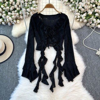 Phong Cách Hàn Quốc Nữ Voan Retro Ruffle Áo Cardigan Mùa Hè Không Đều Kimono Hàng Mới Plus Kích Thước