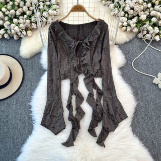 Phong Cách Hàn Quốc Nữ Voan Retro Ruffle Áo Cardigan Mùa Hè Không Đều Kimono Hàng Mới Plus Kích Thước