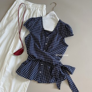 Phong Cách Hàn Quốc Nữ Nữ Eo Ôm Vintage Kẻ Sọc Cổ Chữ V Áo Sơ Mi Tay Ngắn