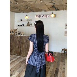 Phong Cách Hàn Quốc Nữ Nữ Eo Ôm Vintage Kẻ Sọc Cổ Chữ V Áo Sơ Mi Tay Ngắn