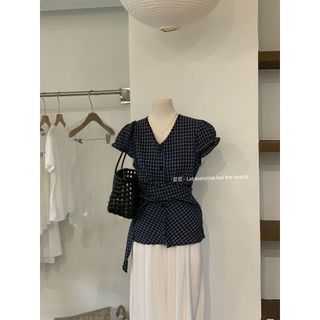 Phong Cách Hàn Quốc Nữ Nữ Eo Ôm Vintage Kẻ Sọc Cổ Chữ V Áo Sơ Mi Tay Ngắn