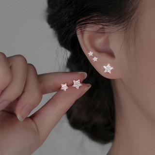 S925 Bạc Trái Tim Ngôi Sao Zircon Bông Tai Thời Trang Đơn Giản Video Unisex