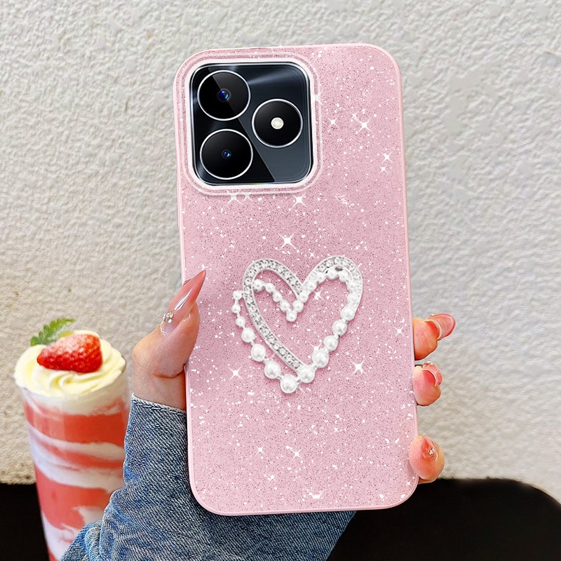 YBD Đơn Giản Ngọc Trai Trái Tim Ốp Lưng Điện Thoại Realme C53 C51 C63 C61 C65S 4G Realme Note 50 Note 60 60X Realme Note 70 70T Shining Kim Cương Giả Vỏ Cô Gái Mới