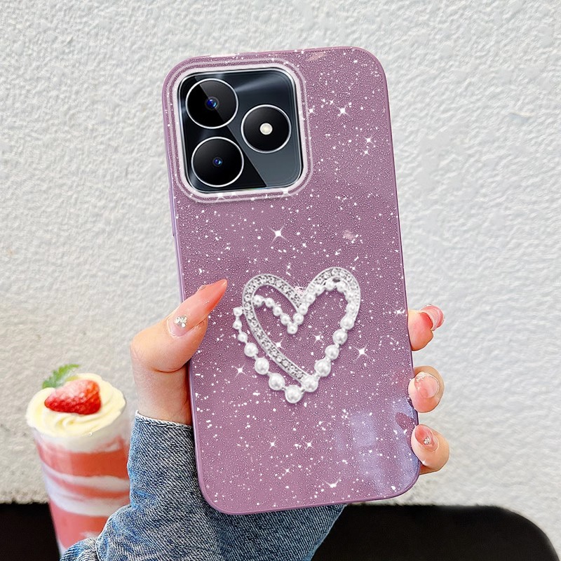 YBD Đơn Giản Ngọc Trai Trái Tim Ốp Lưng Điện Thoại Realme C53 C51 C63 C61 C65S 4G Realme Note 50 Note 60 60X Realme Note 70 70T Shining Kim Cương Giả Vỏ Cô Gái Mới
